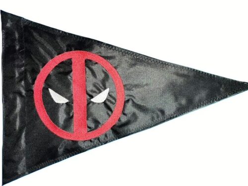 Deadpool safety flag with red and white embroidered mask emblem on black nylon pennant with whip sleeve