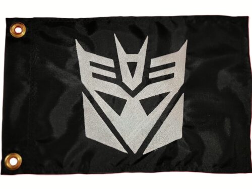 Transformers Decepticon safety flag with dense embroidered silver faction crest on black nylon rectangle with solid brass grommets
