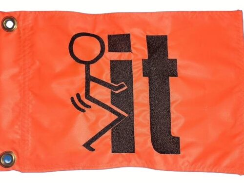 Fuck It safety flag with black embroidered stick figure graphic on orange nylon rectangle
