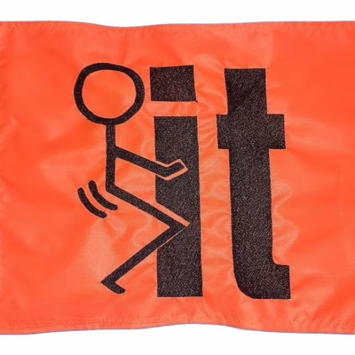 Fuck It safety flag with black embroidered stick figure graphic on orange nylon rectangle