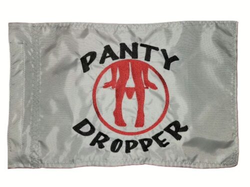 Panty dropper safety flag with dense embroidered black text and red silhouette logo on silver nylon rectangle with whip sleeve