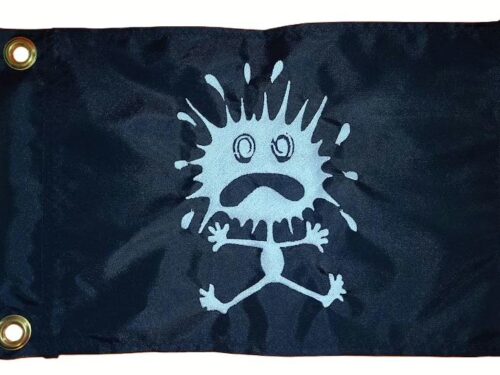 Man splash guy safety flag with dense embroidered white splat character on black nylon rectangle with solid brass grommets