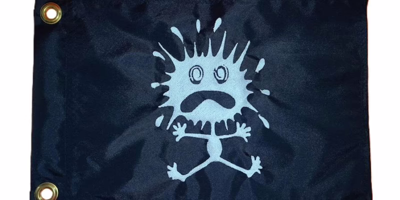 Man splash guy safety flag with dense embroidered white splat character on black nylon rectangle with solid brass grommets
