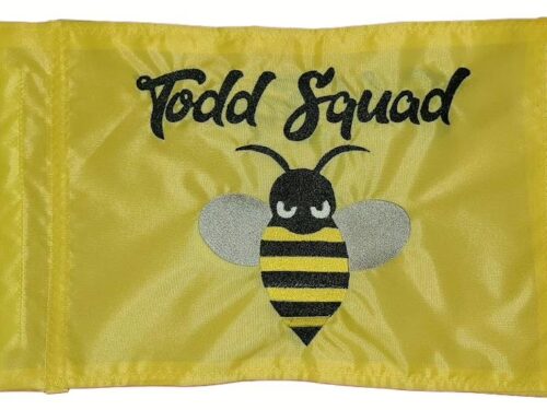 Todd Squad safety flag with embroidered script text and cartoon bumblebee with silver wings on yellow nylon rectangle with whip sleeve