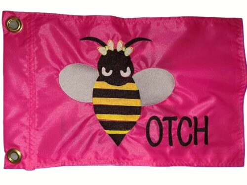 (Bee) OTCH personalized queen bee safety flag with dense embroidered cute bee with bows and custom text on hot pink nylon rectangle with solid brass grommets