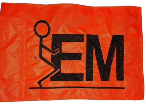 Fuck em safety flag with dense embroidered black stick figure graphic and text on orange nylon rectangle with whip sleeve