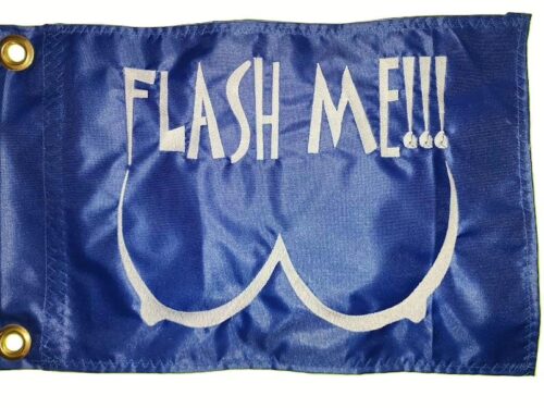 Flash me safety flag with dense embroidered white text and graphic on blue nylon rectangle with solid brass grommets