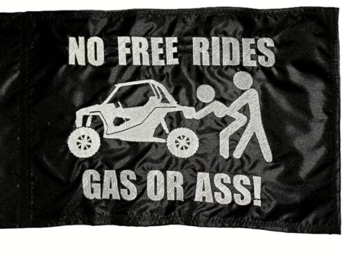 Gas or ass safety flag with dense embroidered white UTV graphic and text on black nylon rectangle with whip sleeve