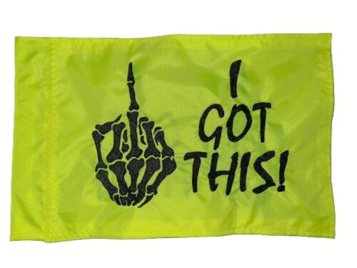 I got this safety flag with dense embroidered black skeleton hand flipping the middle finger and text on lime squeeze nylon rectangle with whip sleeve