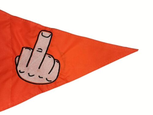 Middle finger safety flag with dense embroidered hand gesture graphic on orange nylon pennant with whip sleeve