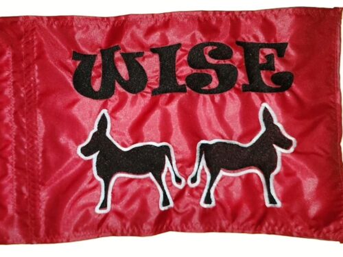Wise personalized donkey safety flag with dense embroidered black donkeys and custom text on vibrant red nylon rectangle with whip sleeve