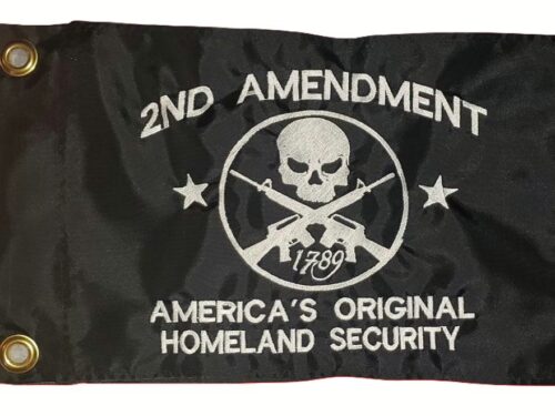 2nd amendment safety flag with dense embroidered white skull and crossed rifles on black nylon rectangle with solid brass grommets