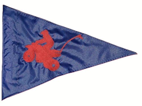 3 Wheeler safety flag with embroidered red ATC trike rider on royal blue nylon pennant with whip sleeve