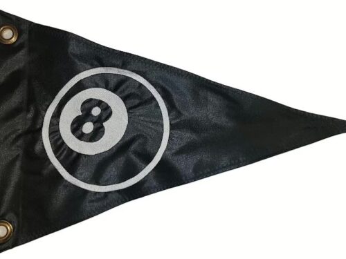 8 ball safety flag with dense embroidered white 8 ball logo on black nylon pennant with solid brass grommets