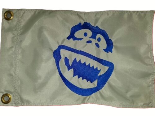 Abominable Snowman safety flag with dense embroidered monster face outline on nylon rectangle with brass grommets