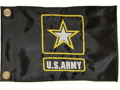 US Army safety flag with embroidered star logo and gold border on black nylon rectangle with brass grommets