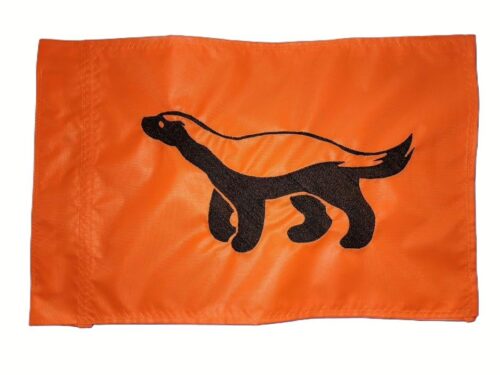 Honey badger safety flag with dense embroidered prowling badger silhouette on nylon rectangle with whip sleeve
