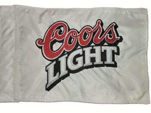 Coors Light safety flag with dense embroidered red, black, and white logo on white nylon rectangle with whip sleeve