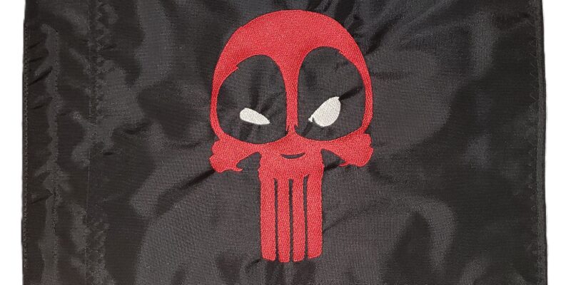 Deadpool Punisher safety flag with red and white embroidered skull mask on black nylon rectangle with whip sleeve