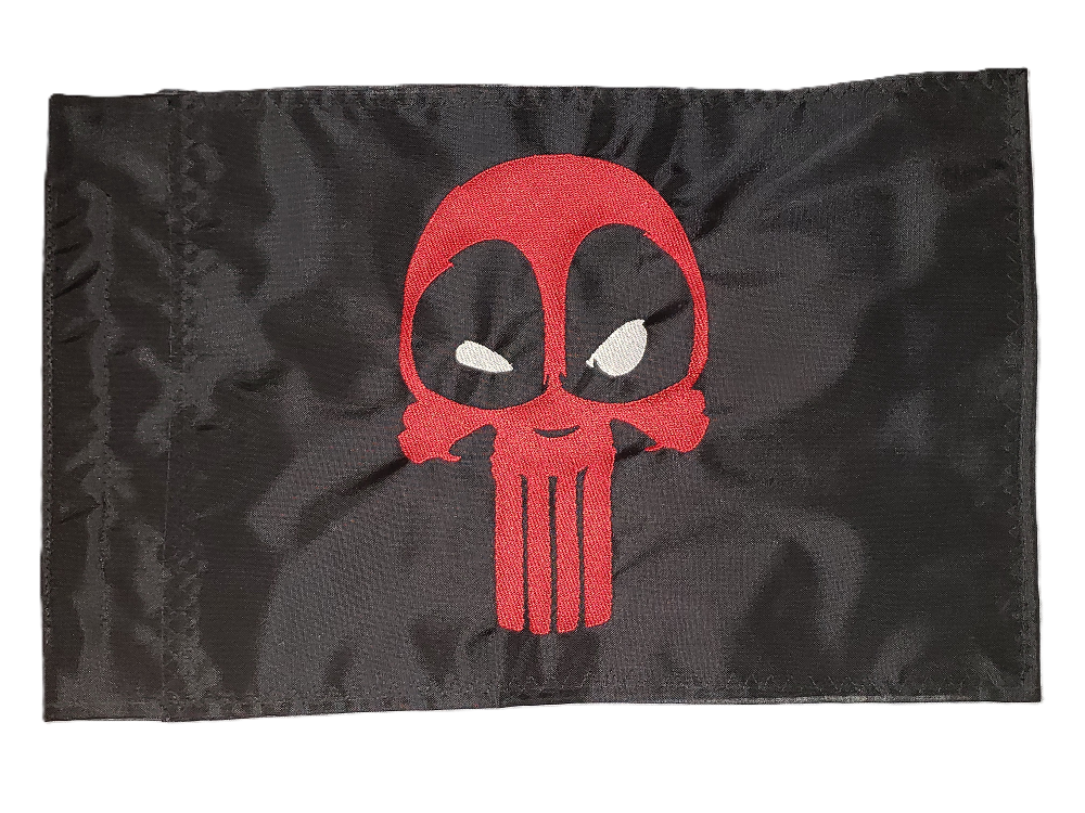 Deadpool Punisher safety flag with red and white embroidered skull mask on black nylon rectangle with whip sleeve