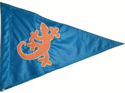 Gecko lizard safety flag with dense embroidered climbing reptile silhouette on nylon pennant with whip sleeve