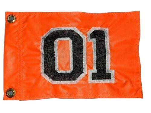 General Lee 01 safety flag with embroidered black and white outlined racing numbers on orange nylon rectangle with brass grommets