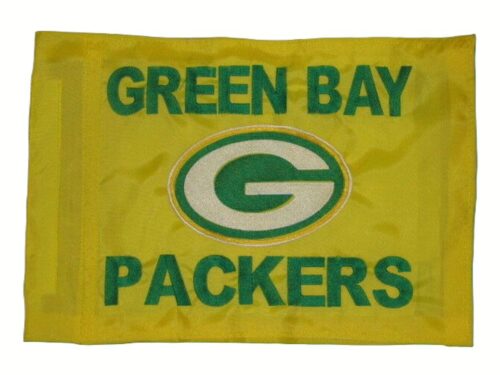 Custom embroidered Green Bay Packers rectangular safety flag on yellow nylon with green lettering and logo