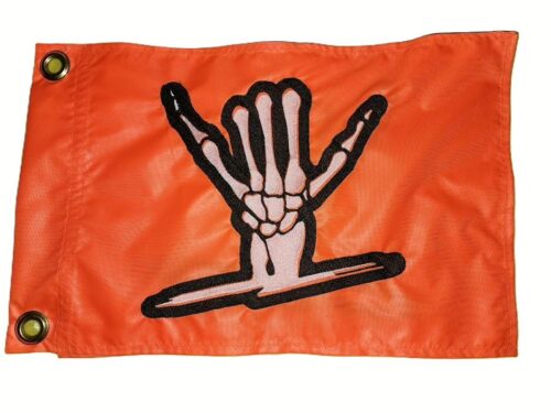 Fluorescent orange rectangle safety flag featuring a dense embroidered skeleton hand throwing the Arizona State ASU pitchfork forks up hand sign with two heavy-duty brass mounting grommets