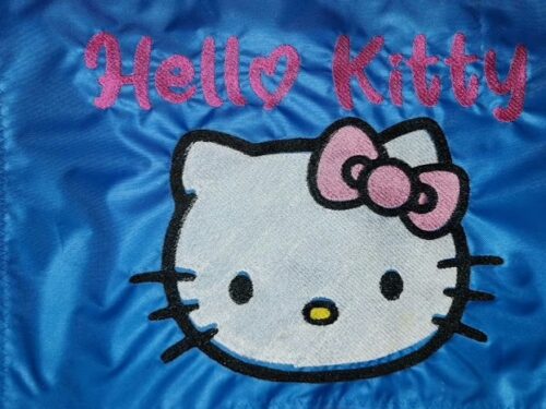 Hello Kitty safety flag with double sided embroidery on durable bright blue nylon