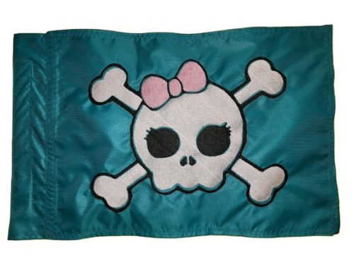 Alt Text: Teal rectangle safety whip flag featuring a dense embroidered white girly skull with a pink bow and eyelashes over crossbones, with a reinforced whip pole sleeve