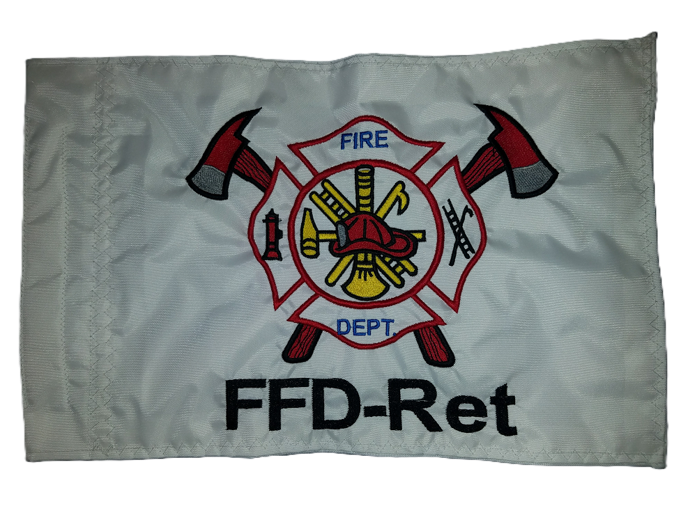 Fire Department safety flag with dense embroidered Maltese cross logo, crossed axes, and FFD-Ret text on white nylon rectangle with whip sleeve