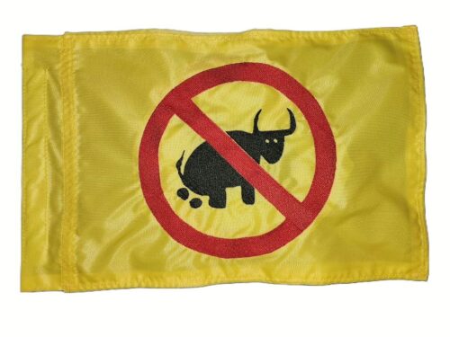 No bullshit safety flag with dense embroidered black bull and red prohibition circle on yellow nylon rectangle with whip sleeve