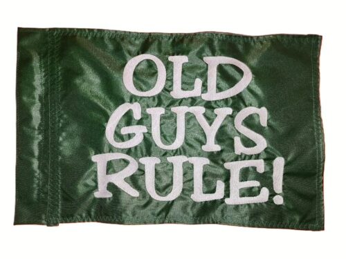 Old Guys Rule safety flag with embroidered white stacked block lettering on forest green nylon rectangle with whip sleeve