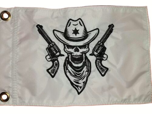 Cowboy skull safety flag with dense embroidered black cowboy skull wearing a sheriff hat and crossed revolvers graphic on white nylon rectangle with solid brass grommets