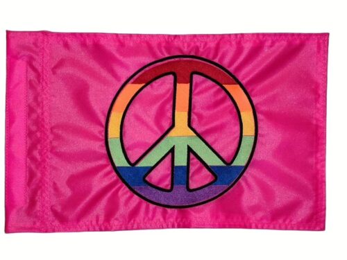 Rainbow peace sign safety flag with dense embroidered multi-color peace symbol on pink nylon rectangle with whip sleeve