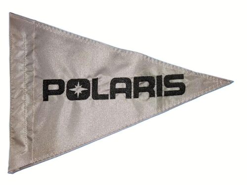 Polaris safety flag with embroidered black logo and North Star on silver nylon pennant with whip sleeve