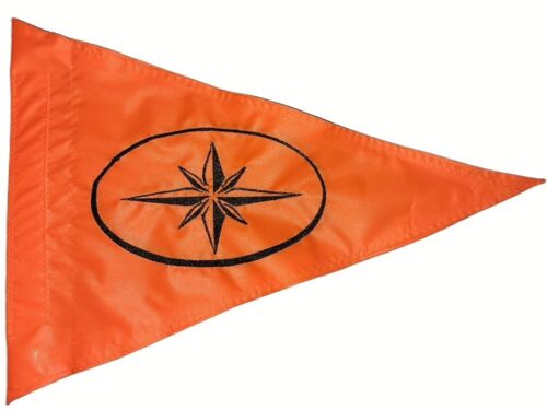 Compass Rose safety flag with embroidered black 8-point compass star in oval on safety orange nylon pennant with whip sleeve