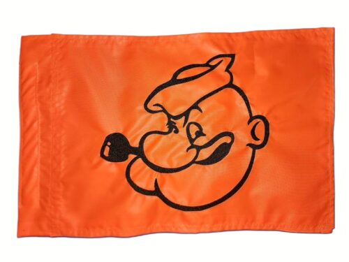 Popeye the Sailor Man safety flag with dense embroidered sailor head and corncob pipe outline on nylon rectangle with whip sleeve