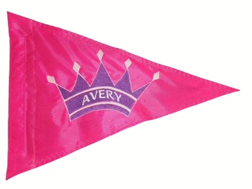 Custom Princess Crown safety flag with purple embroidered tiara and personalized name on hot pink nylon pennant with whip sleeve