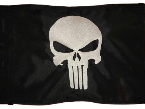 Punisher skull safety flag with dense embroidered white vigilante skull graphic on black nylon rectangle with whip sleeve