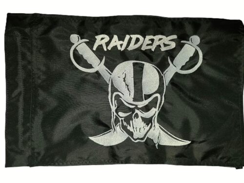 Raiders text skull safety flag with dense embroidered white helmet skull, crossed swords, and RAIDERS typography on black nylon rectangle with whip sleeve
