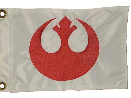 Rebel alliance safety flag made by Devil Woman Flags with dense embroidered red rebel alliance starbird crest graphic on white nylon rectangle with solid brass grommets