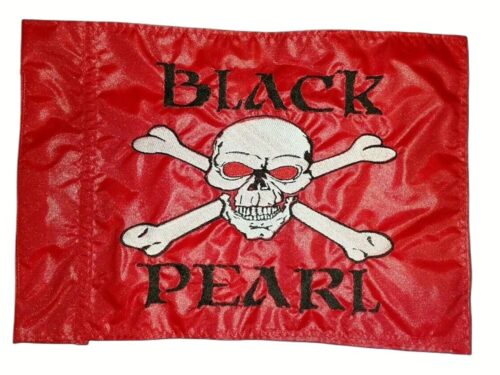 Black Pearl safety flag with dense embroidered white skull featuring red eyes, crossbones, and Black Pearl text on red nylon rectangle with whip sleeve