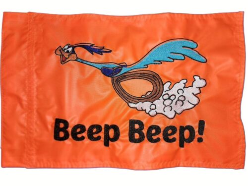 Road Runner Beep Beep safety flag with dense embroidered sprinting cartoon bird and slogan on nylon rectangle with whip sleeve