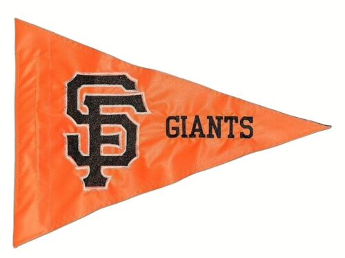 Close up of high density embroidery on San Francisco Giants safety flag
