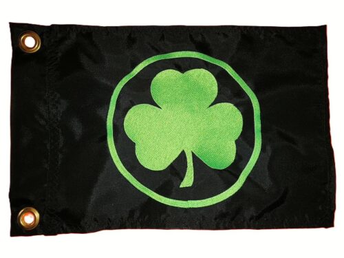 Shamrock safety flag with dense embroidered green clover inside a circle on black nylon rectangle with solid brass grommets