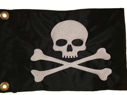 Black rectangle safety flag featuring dense embroidered white Jolly Roger skull and crossbones with two heavy-duty brass mounting grommets
