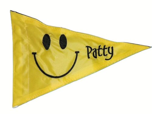 Retro Smiley Face safety flag with custom embroidered Patty name and happy face on yellow nylon pennant