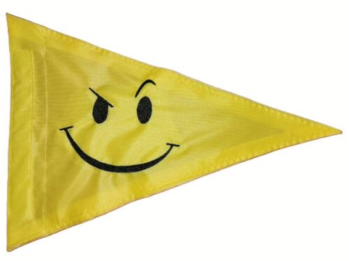 Smirky Face safety flag with black embroidered winking smirky face on yellow nylon pennant with whip sleeve