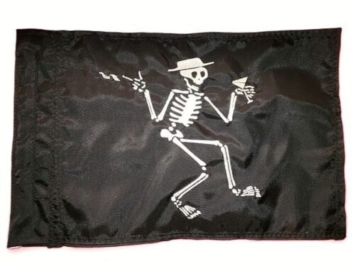 Black rectangle safety whip flag featuring a dense embroidered white dancing skeleton wearing a hat, holding a drink and cigarette, with a reinforced whip pole sleeve